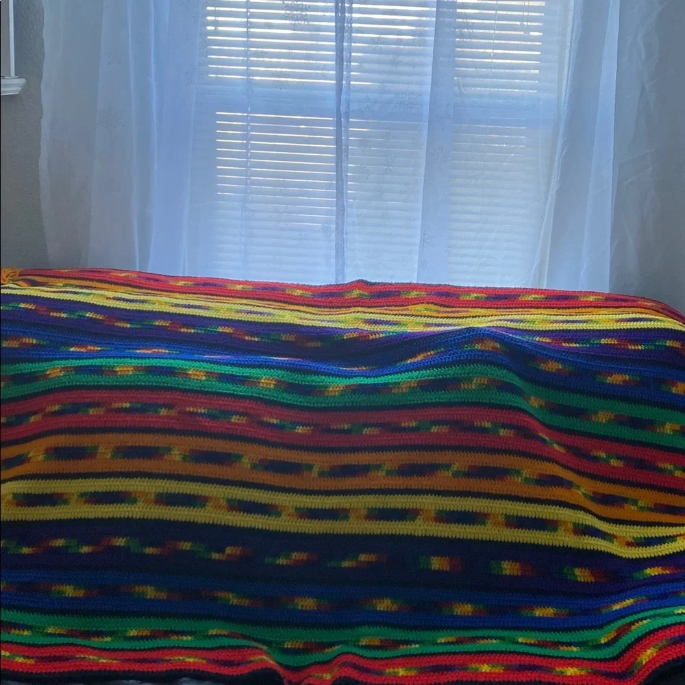 Handmade Vintage Hand-Crocheted Large Rainbow Stripe Throw Blanket 63” x 44”